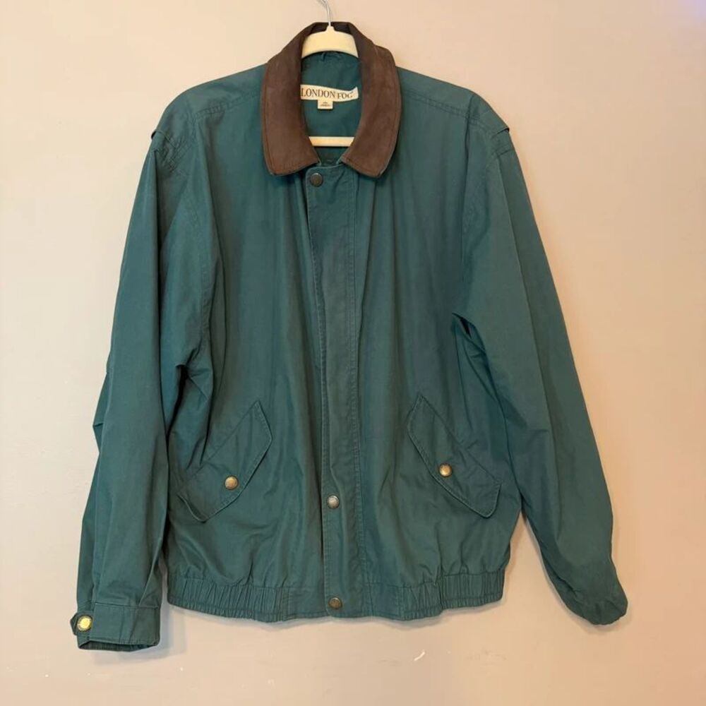 Vintage London Fog Green Bomber Jacket Leather Leatherette Collar Men's L Reg